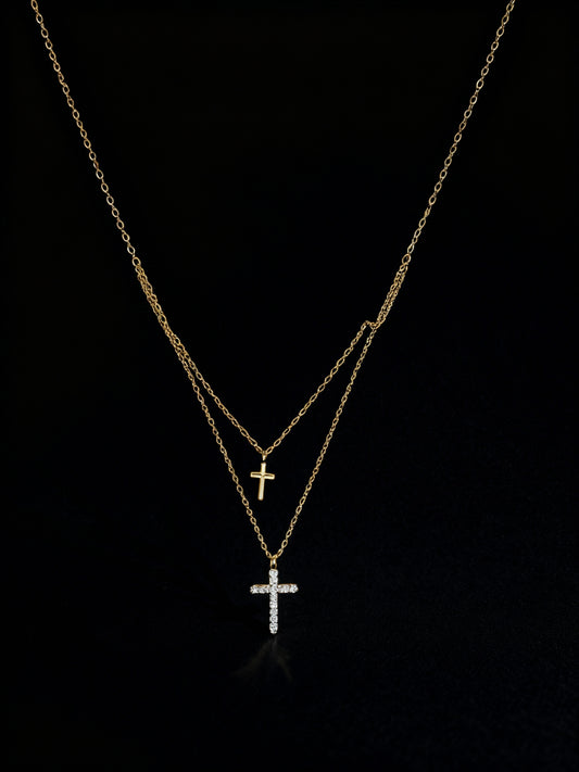 Gold Double Cross Pendant Necklace