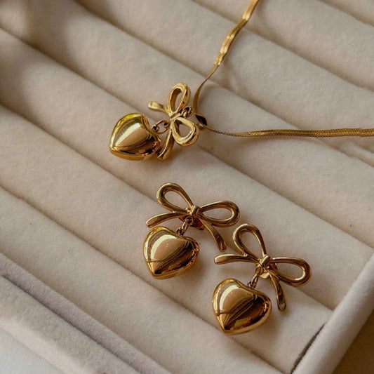 Gold Plated Anti Tarnish Bow Heart Themed Jewellery Set