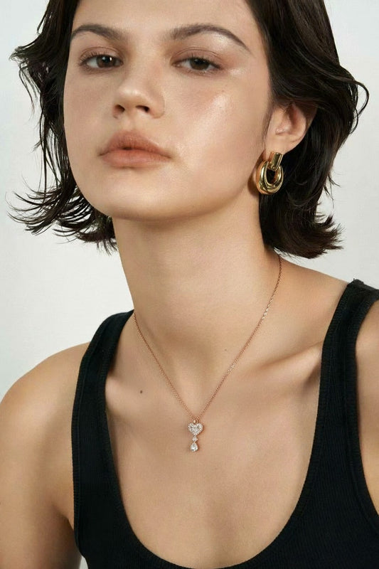 Rose Gold Pave Heart and Drop Necklace