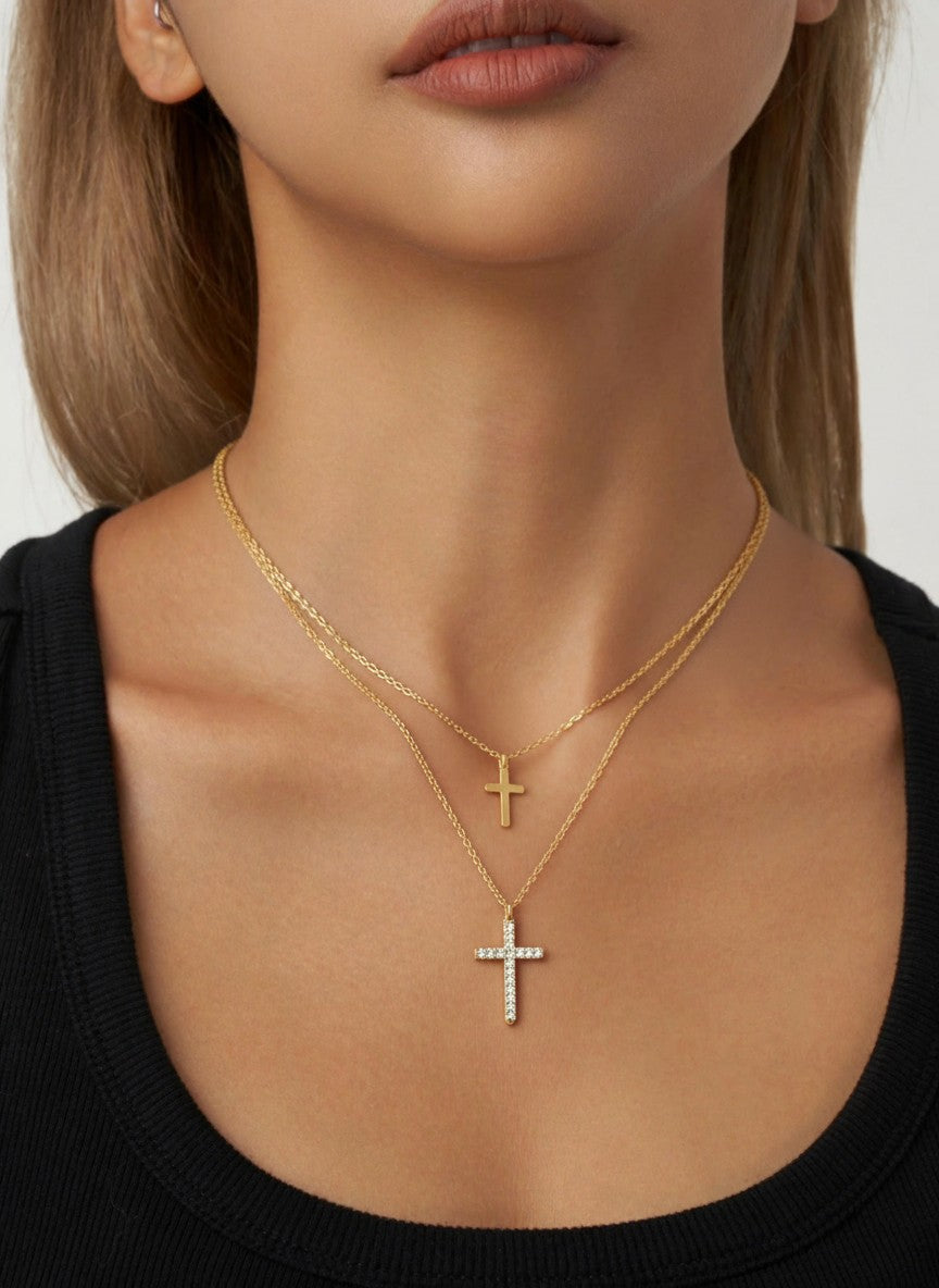 Gold Double Cross Pendant Necklace