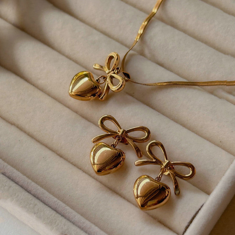 Gold Plated Anti Tarnish Bow Heart Themed Jewellery Set