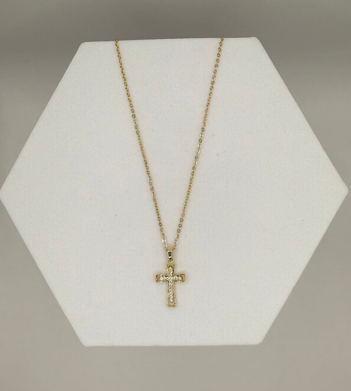 Gold Tone Pave Cross Pendant Necklace