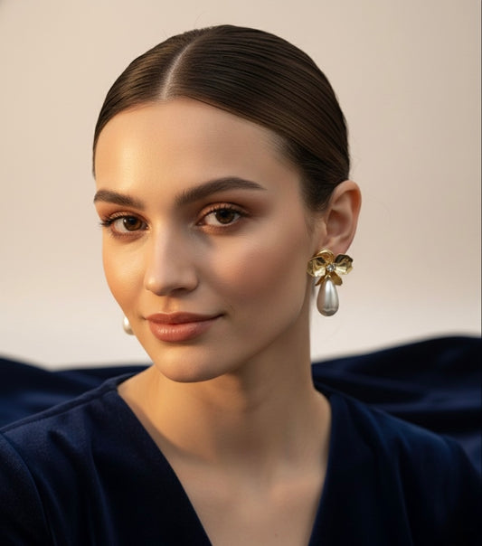 Golden Petal Pearl Drops Earring