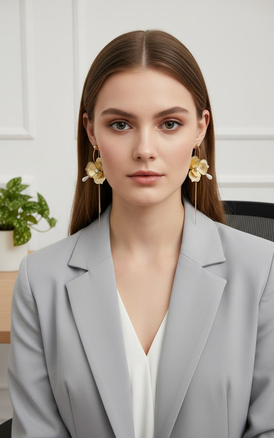 Metallic Flower Tassel Long Earring